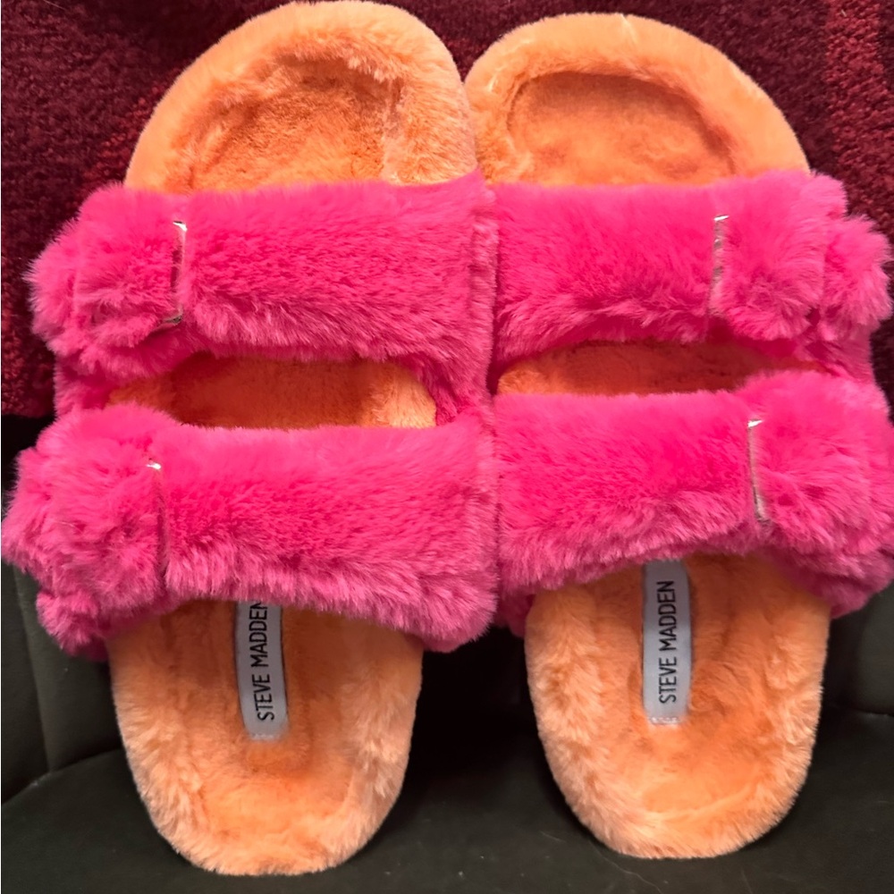 Steve Madden - Fuzzy Slides - Orange & Pink - Womens 11